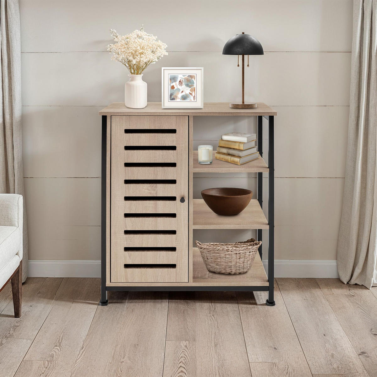 SIDEBOARD ,mit höhenverstellbaren Kunststofffüßen, 70 x 32 x 82 cm,Industrial Holz hell, Eiche Sonoma - Naturfarben, Holzwerkstoff (32/82/71cm) - tectake