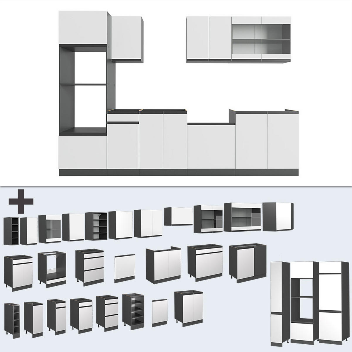 KÜCHENZEILE R-Line Weiß/Anthrazit 300 cm mit Hochschrank, AP Eiche - Anthrazit/Weiß, Holzwerkstoff (300/81.6/60cm) - Vicco