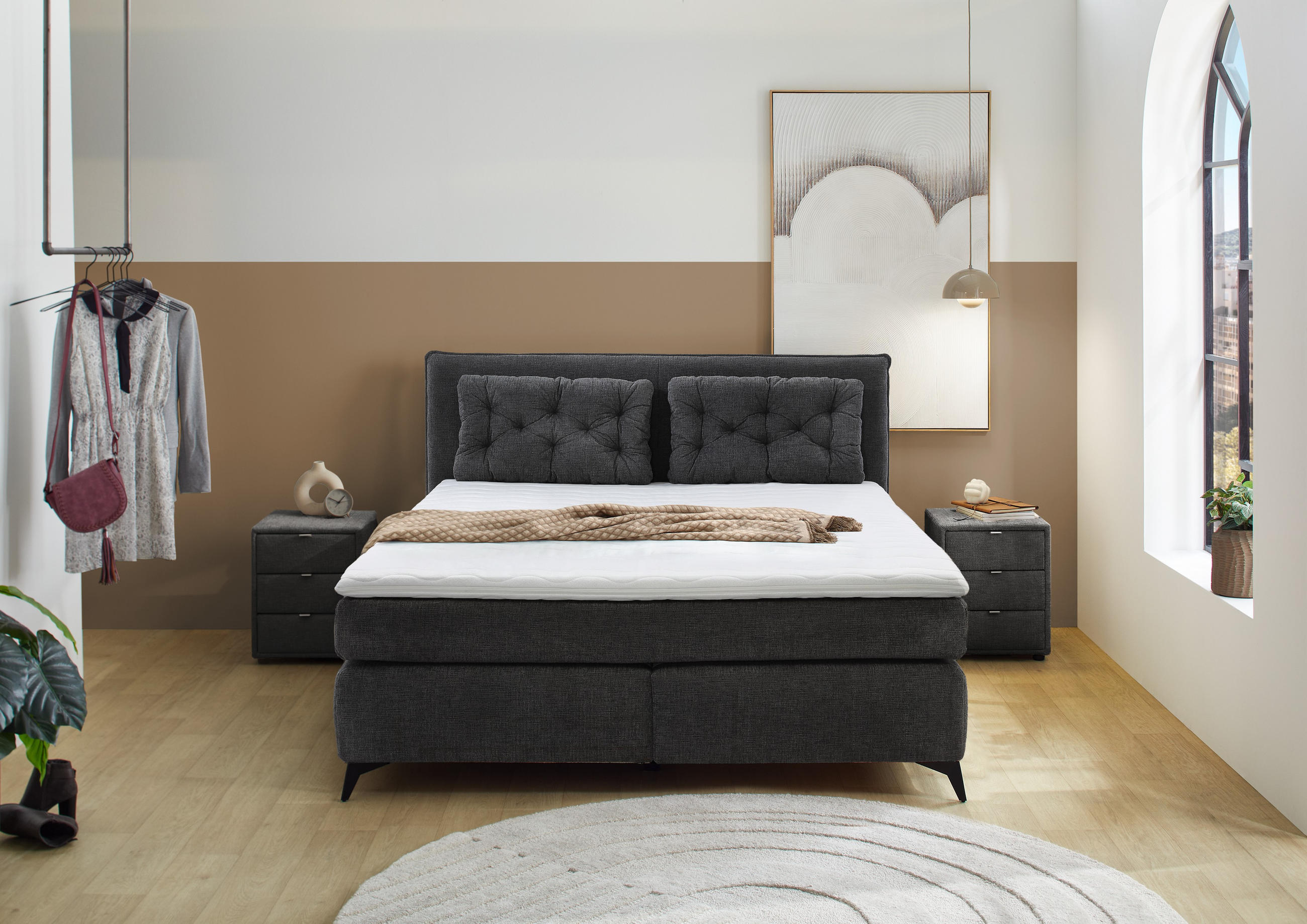 BOXSPRINGBETT 180x200 cm mit Bonell-Wende-Federkernmatratzen H2/H3, Bonell-Federkernpolsterung, PU-Schaum-Topper, 2 Kissen, Chenille Anthrazit / 20031 - Anthrazit/Schwarz, Textil/Metall (180/200cm) - luma-home