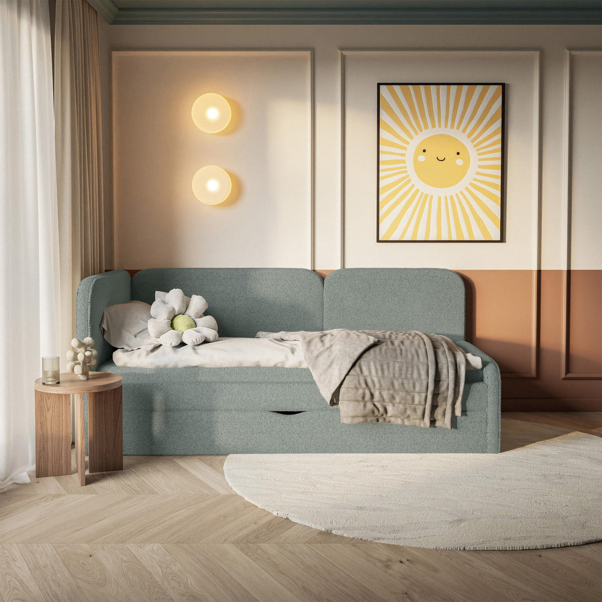 ČALOUNĚNÁ postel Cuddy, čelo vlevo, plyšová látka šalvějová, 90x200 cm - černá/světle zelená, textil/plast (90/200cm) - Selsey