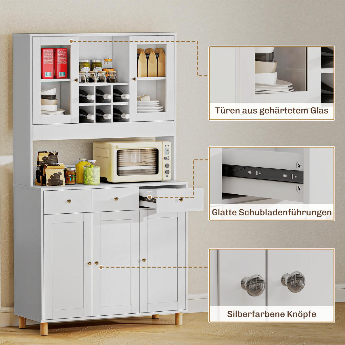 KÜCHENSCHRANK, Buffetschrank mit verstellbaren Regalen, 4 Türen, Schublade - Silberfarben/Weiß, Holzwerkstoff/Metall (40/180/100cm) - HOMCOM