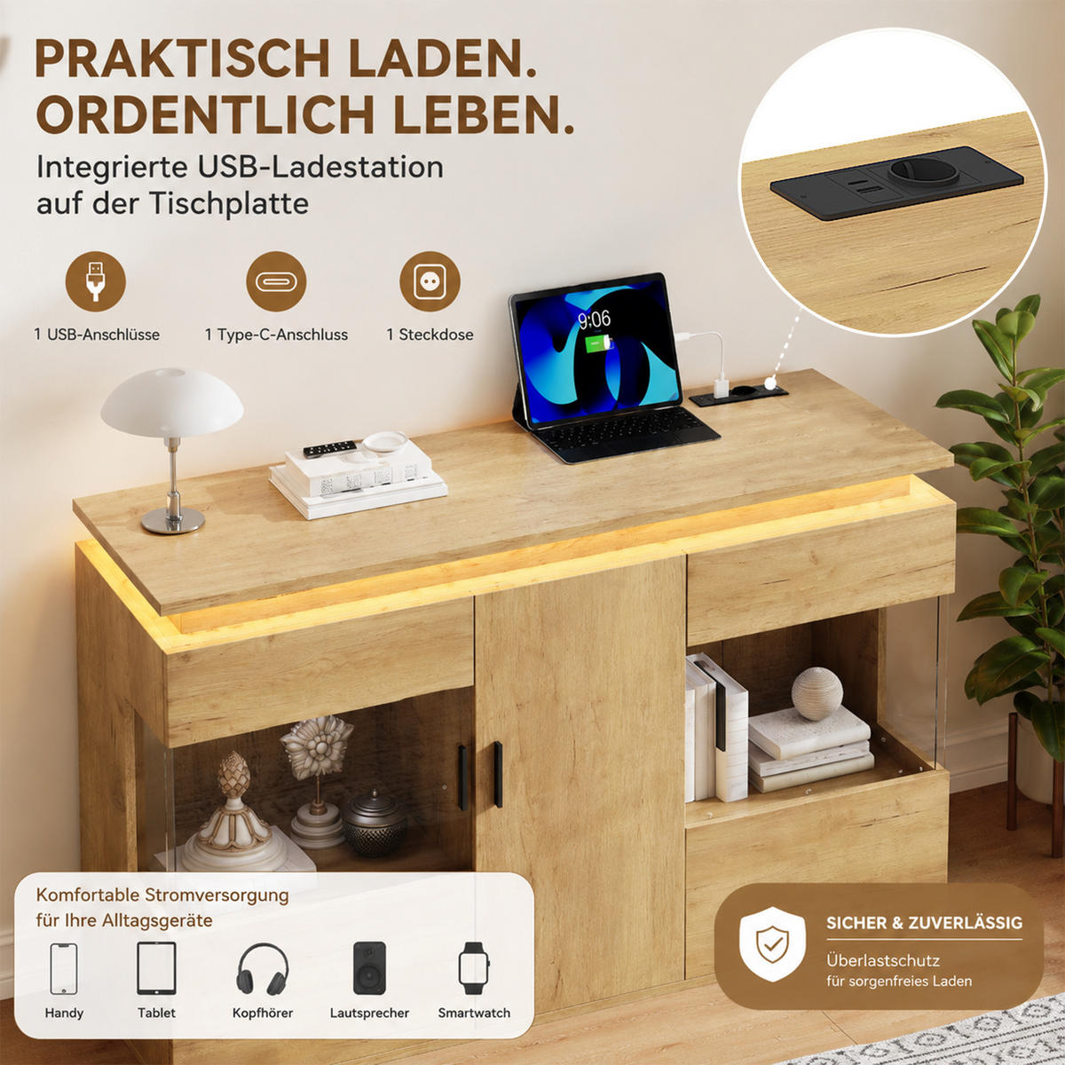 SIDEBOARD mit LED/USB-C Ladestation, Glastüren, 120x40x79,5 cm - Eichefarben/Schwarz, Holz (120/79.5/40cm) - LVHOM