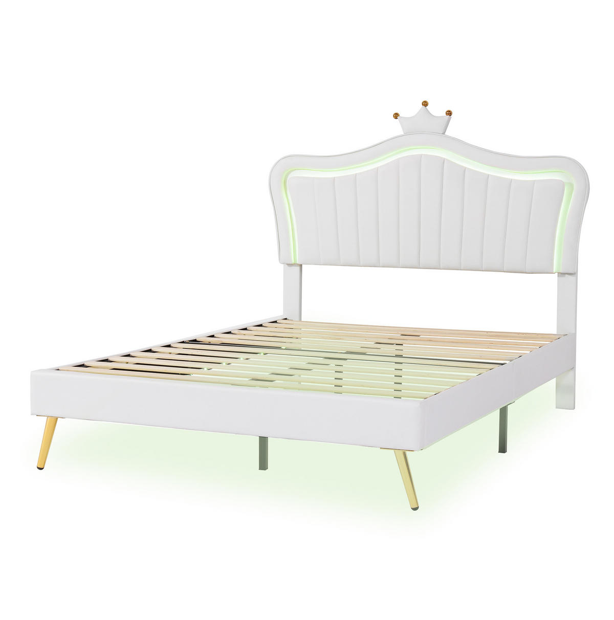KINDERBETT Polsterbett 140/200 cm aus Kunstleder mit Muschel-Kopfteil, Krone und LED-Beleuchtung Weiß - Weiß, Textil (140/200cm) - Modenvie