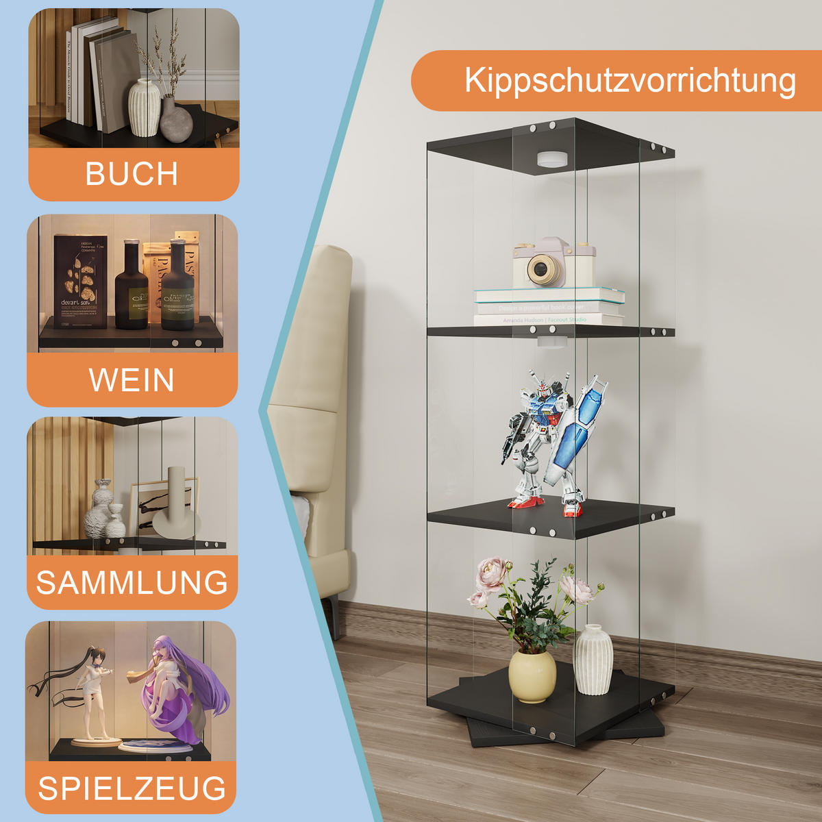 GLASVITRINE mit 3 Einlegeböden, 360-Grad-Drehbasis, Berührungs-LED, in Schwarz - Schwarz, Glas (38/121/38cm) - BRILVERDE