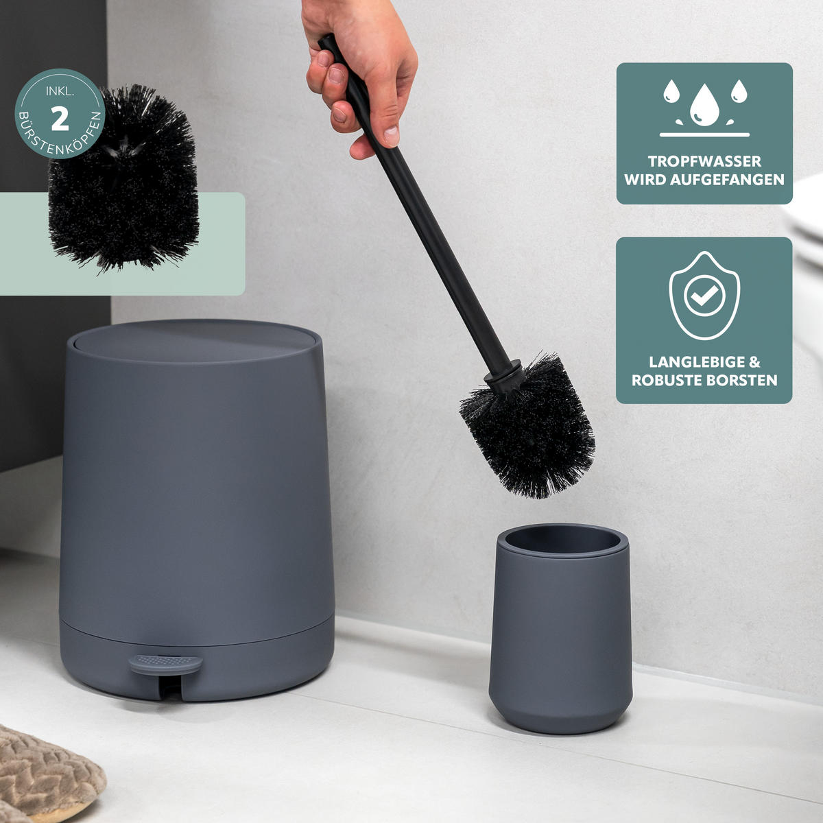 BAD-ACCESSOIRES-SET TESERO, Soft-Touch, grau - Grau, Kunststoff (22.5/25.5/25cm) - eluno