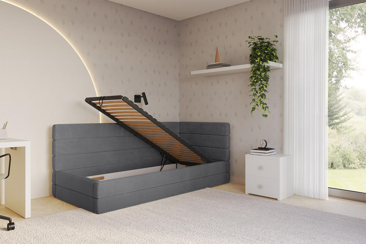 EINZELLBETT Jugendbett mit Bettkasten, Links - BEMY 90x200 Dunkelgrau - Graphitfarben, Holzwerkstoff/Textil (90/200cm) - ALTDECOR