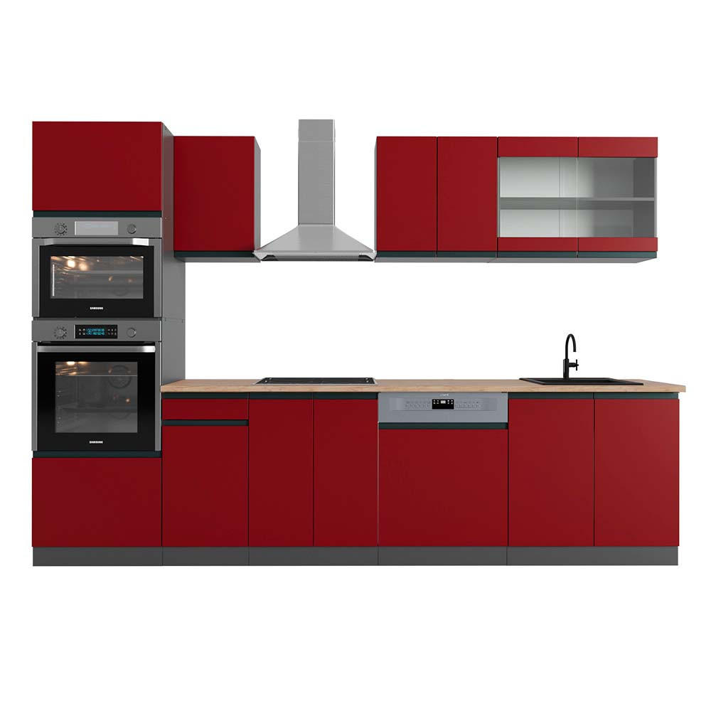 KÜCHENZEILE R-Line Rot/Anthrazit 300 cm mit Hochschrank, AP Eiche - Anthrazit/Rot, Holzwerkstoff (300/81.6/60cm) - Vicco