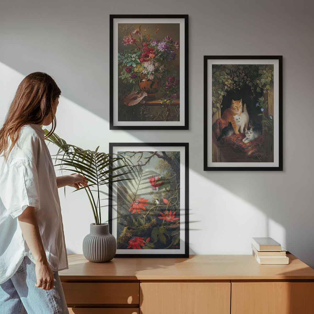 BILDER SET 3er Set - 40x60 cm Schwarzer Rahmen - Vintage-Blumen, Katzen, Natur - Schwarz, Kunststoff (40/60cm) - TULUP