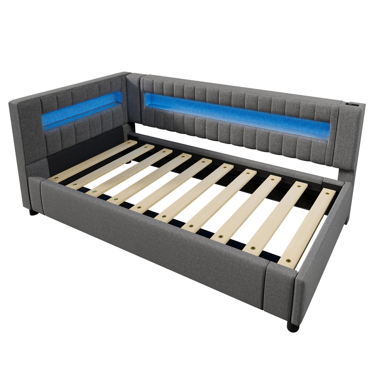 KINDERBETT aus Leinen 90x200 cm in Grau mit LED-Beleuchtung & USB-C - Grau, Textil (90/200cm) - Modfu