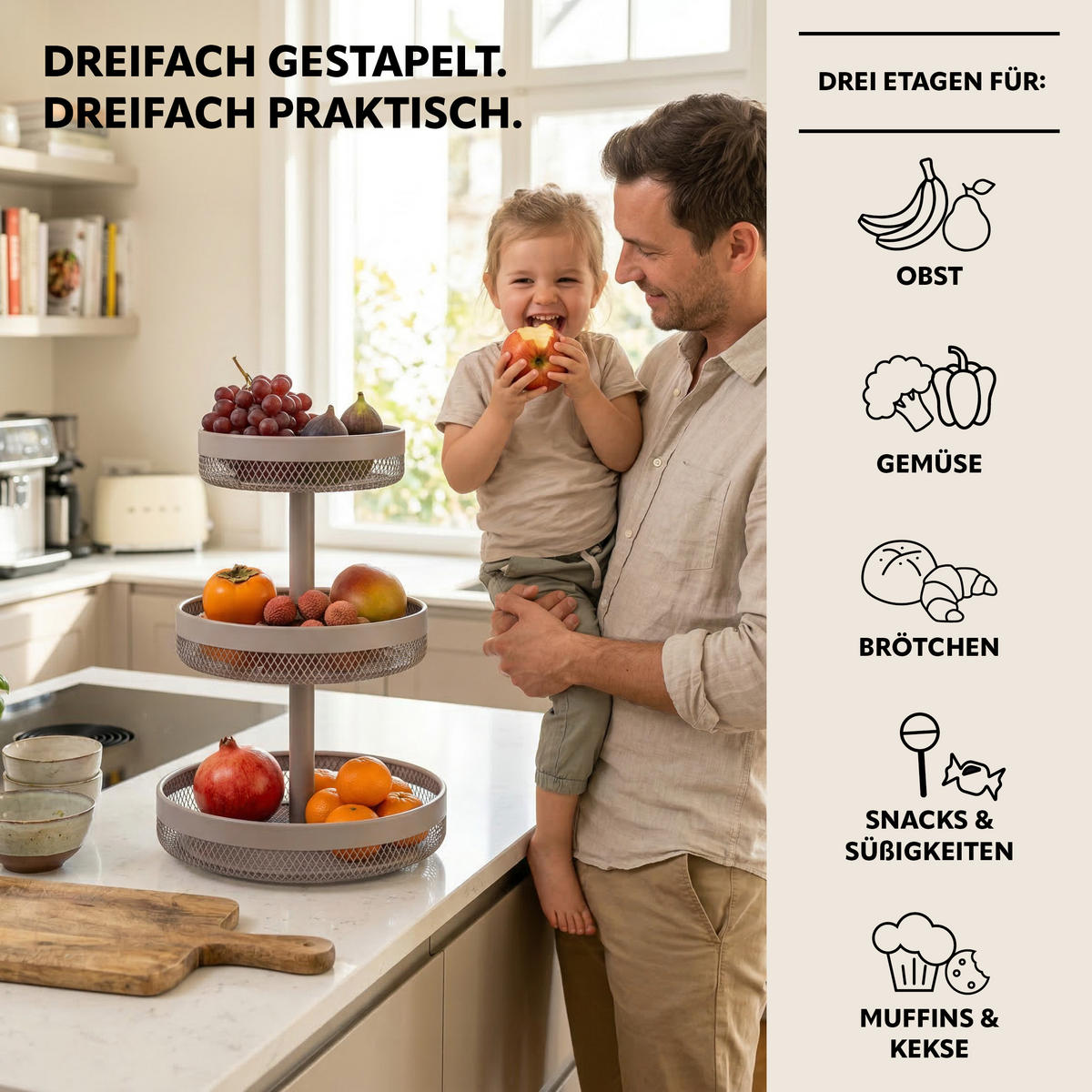 OBSTETAGERE rund, 3-stöckig, Ø 20 cm, 25 cm und 30 cm, taupe, Metall - Taupe, Metall (42cm) - eluno