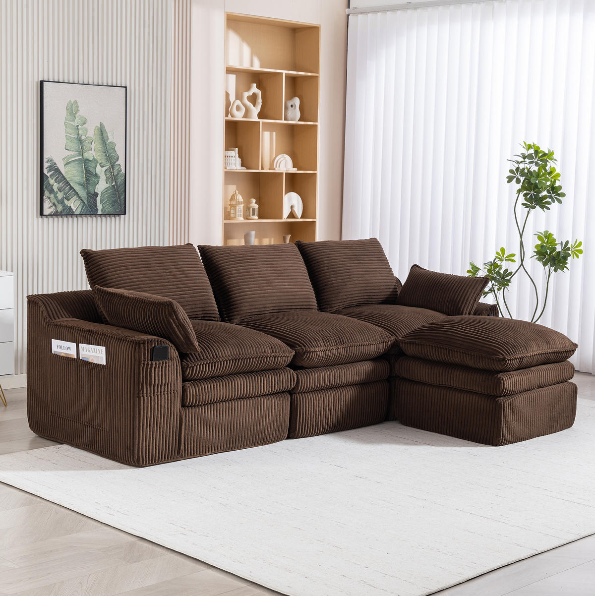 3-SITZER-KORDSOFA 263/167/85 cm mit Hocker, Kissen, Seitentaschen und Federkern, Braun - Braun, Textil (263/85/167cm) - Redom