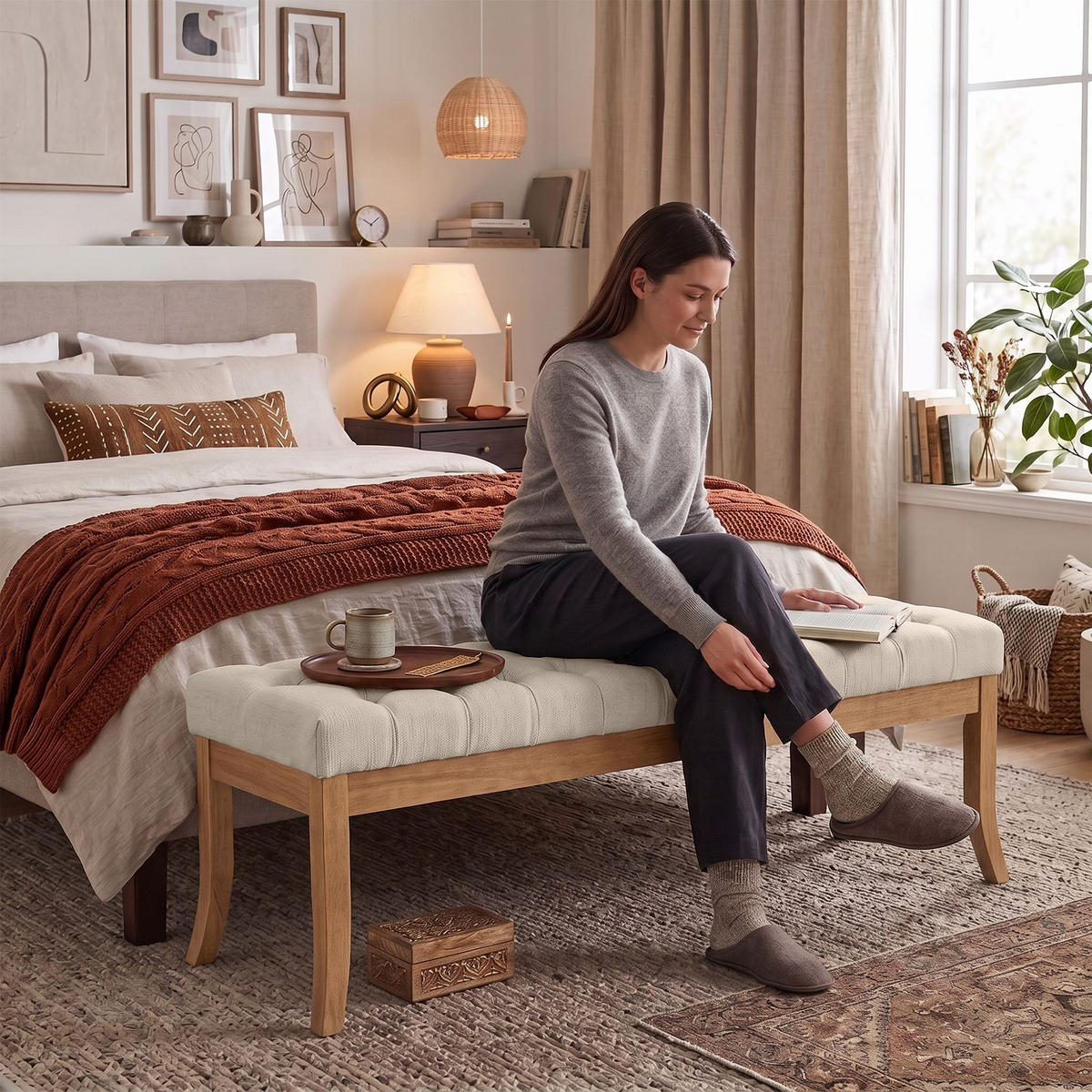 SITZBANK 150/38 cm Stoff Creme - Creme/Naturfarben, Holz/Textil (150/46/38cm) - CLP
