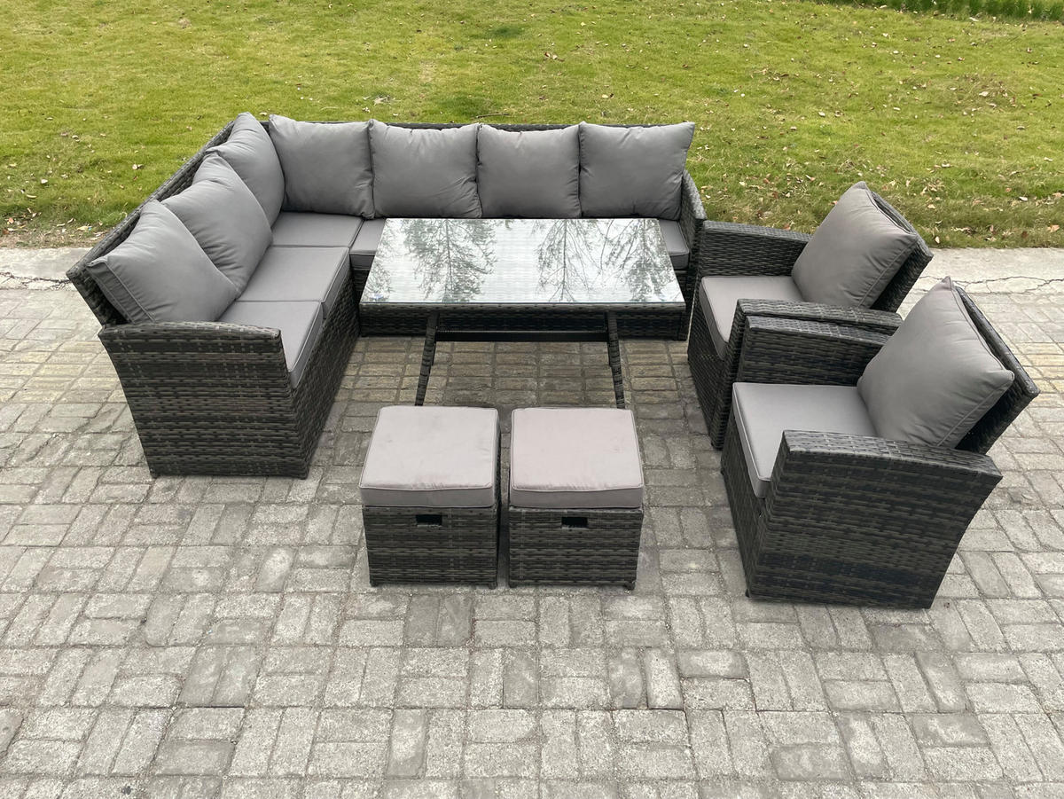 SITZGRUPPE mit Ecksofa,Fußhocker Polyrattan Dunkelgrau 10-Sitzer - Dunkelgrau/Grau, Glas/Kunststoff - Fimous