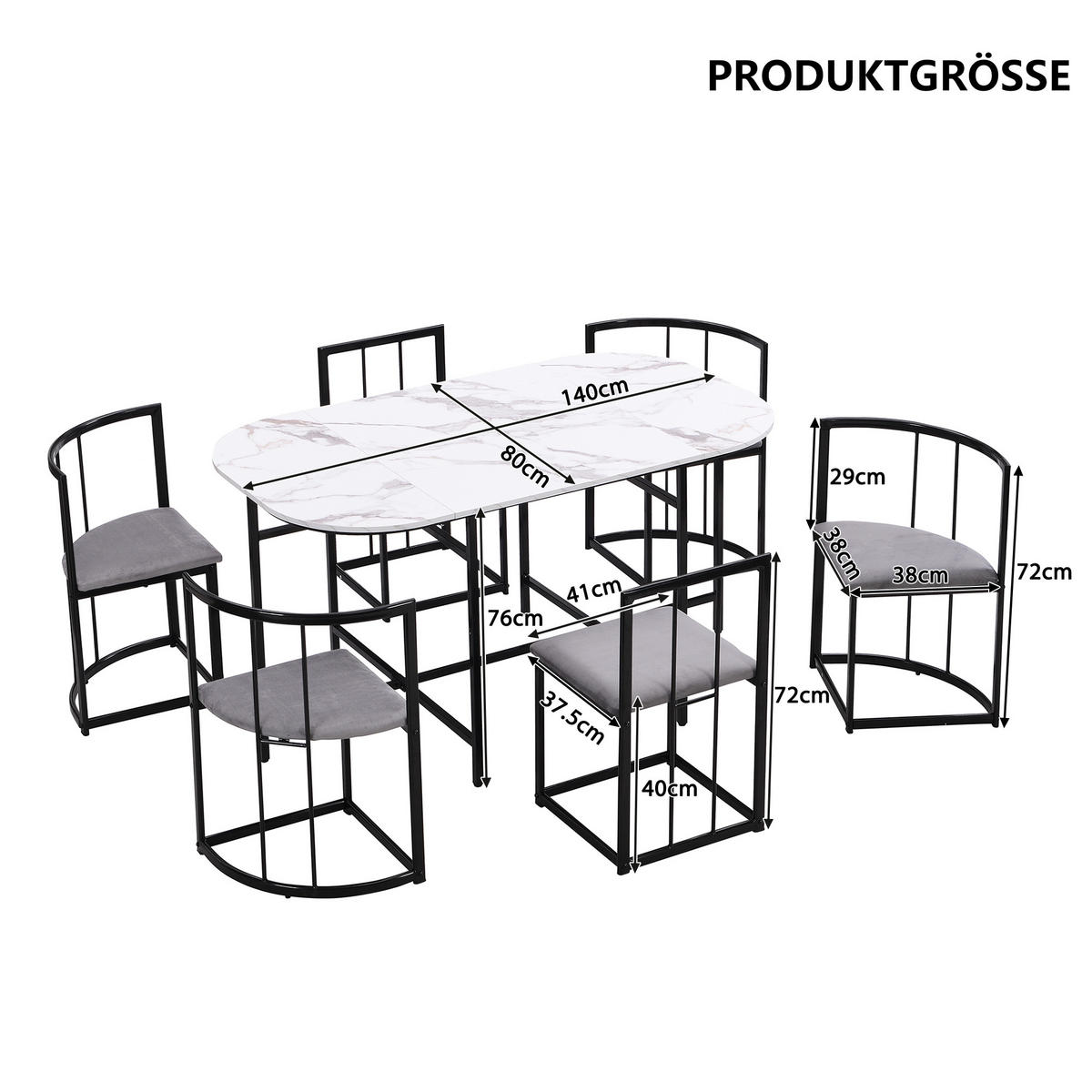 ESSGRUPPE Esstisch 6 Stühle Weiß Grau Schwarz - Schwarz, Holzwerkstoff (140/76/80cm) - FLIEKS