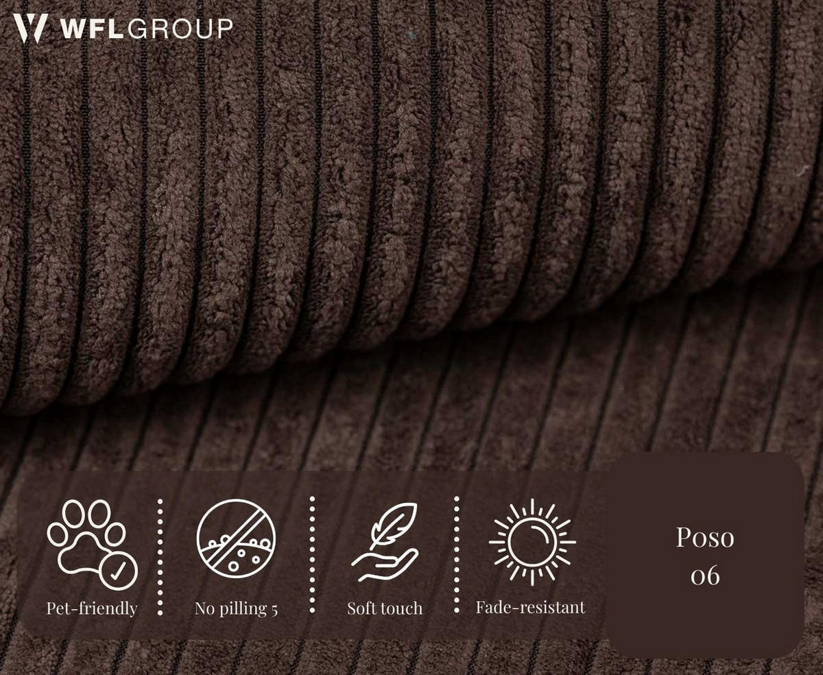 ECKSOFA Hana Loft 3-Sitzer Ecke Rechts, Cordstoff Chenille, Dunkelbraun 241/80/168 cm - Schwarz/Braun, Textil/Metall (168/241cm) - WFL GROUP