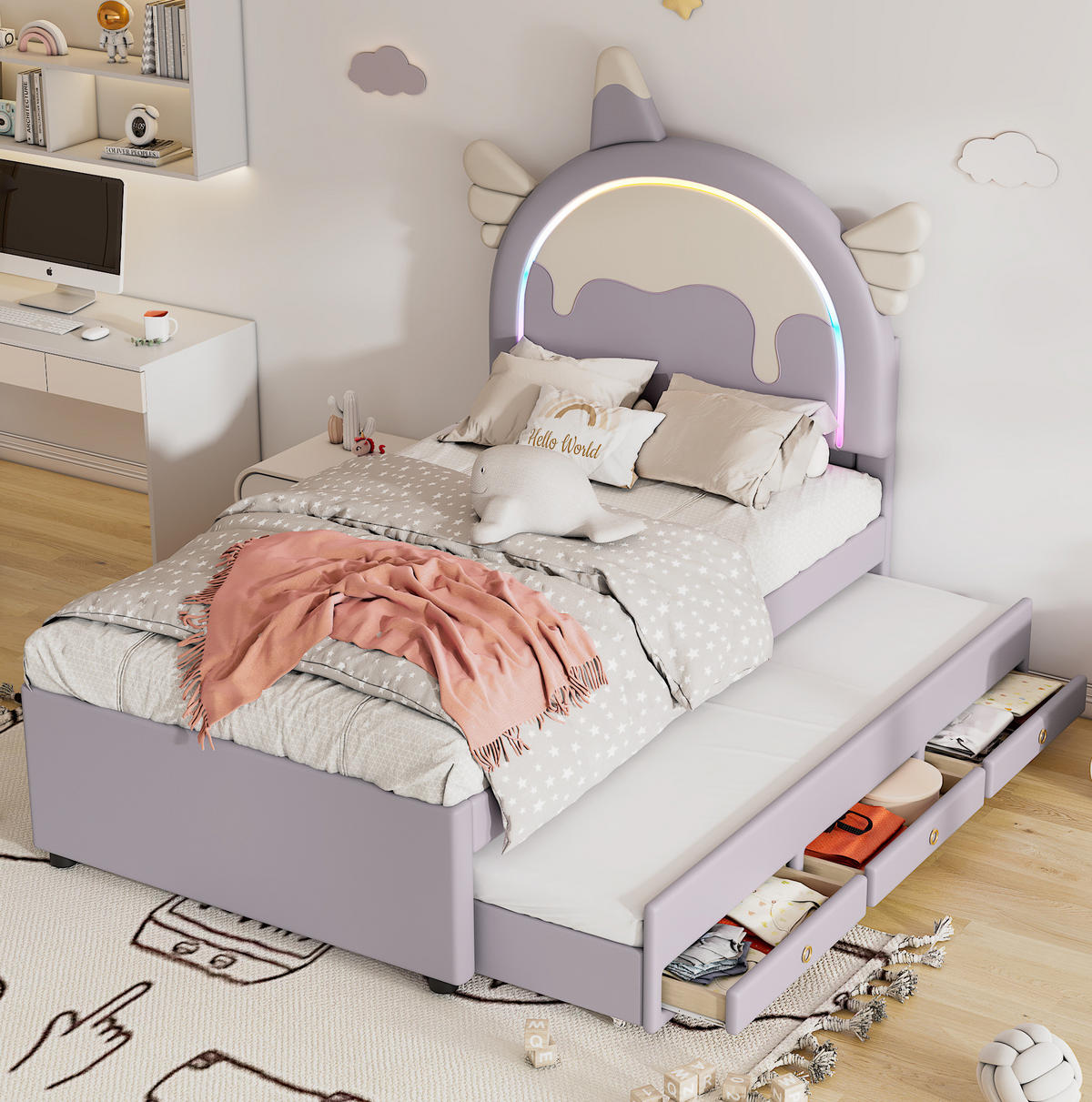 KINDERBETT 90/200 cm Violett aus PU mit Einhornform und Ausziehbett - Lila, Kunststoff (90/200cm) - OKMYHOME