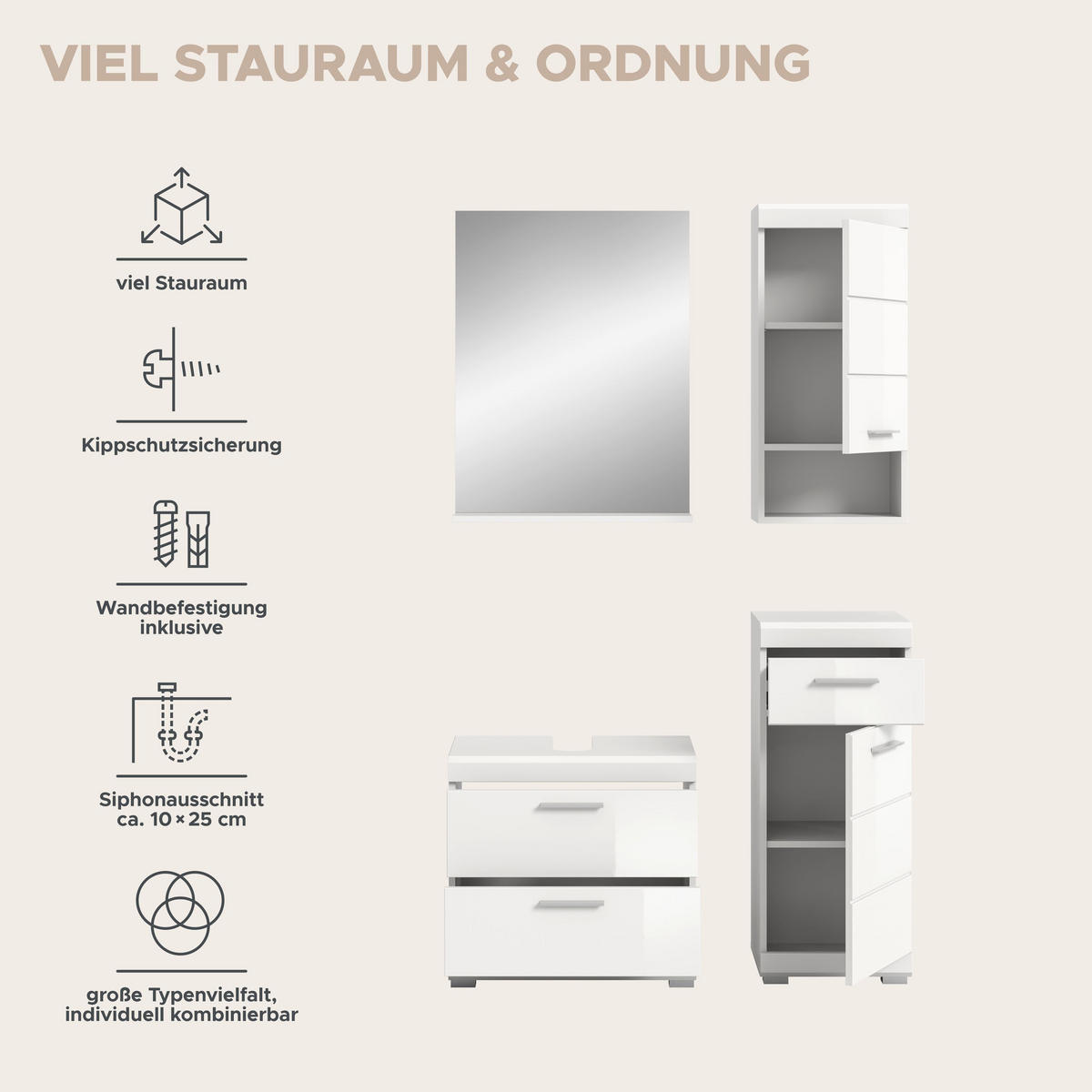 BADKOMBINATION 4tlg. Scout Bad in weiß Nachbildung und weiß hochglanz B/H/T: 112x191x34 cm - Weiß, Holz (112/191/37cm)