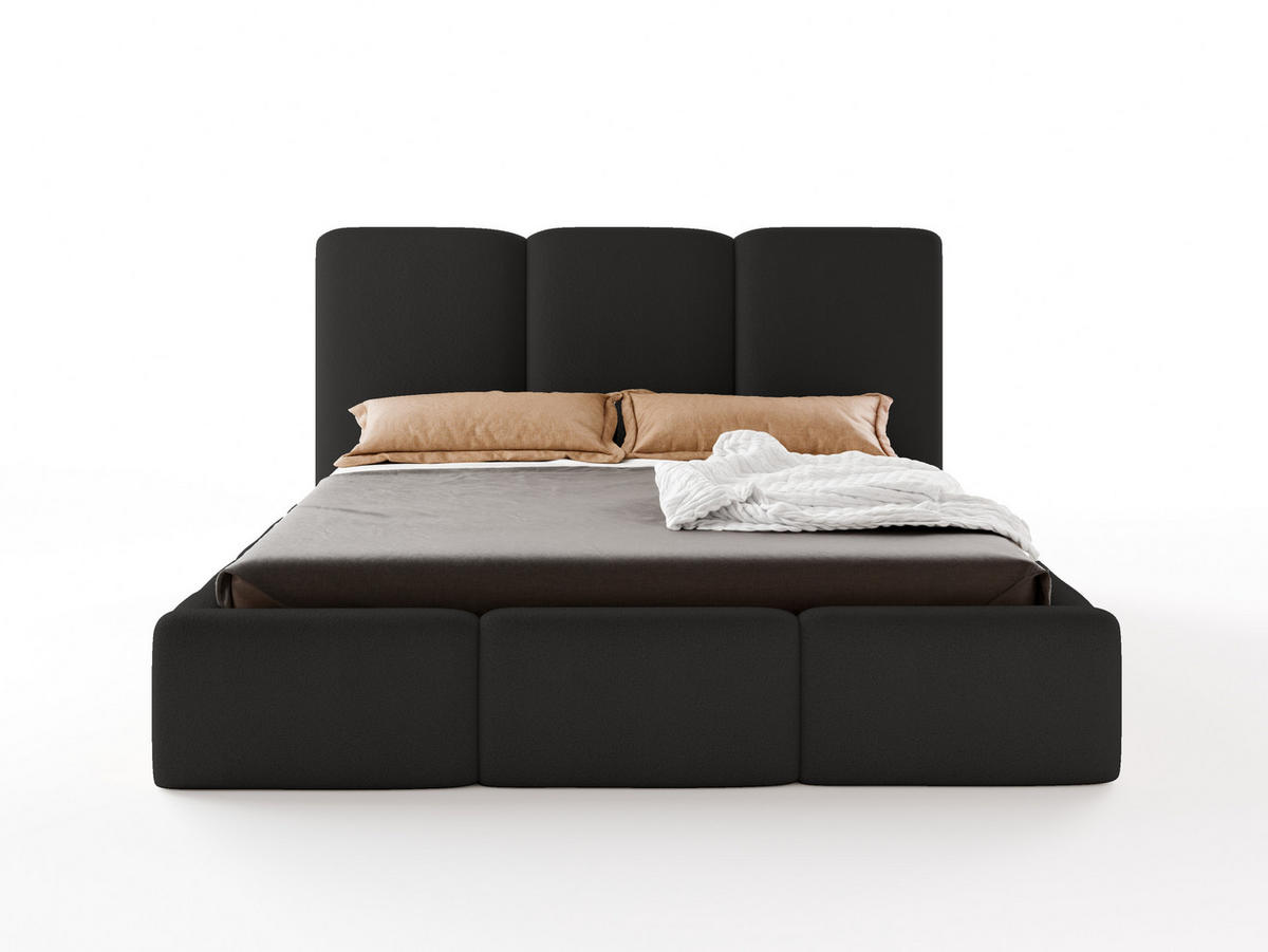 POLSTERBETT VARDO 180x200 cm mit Bettkasten, Stauraum und Metall-Lattenrost – Bouclé Stoff Schwarz - Schwarz, Textil/Metall (180/200cm) - Luxkor24