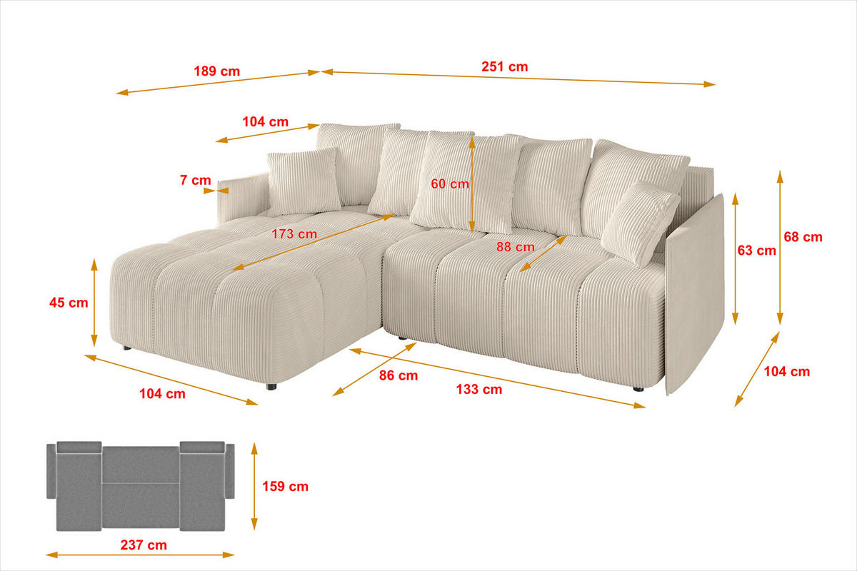 ECKSOFA Ottomane links LONLI-L 251x189x68 Beige Cord - Beige, Holzwerkstoff/Kunststoff (251/189cm) - ALTDECOR