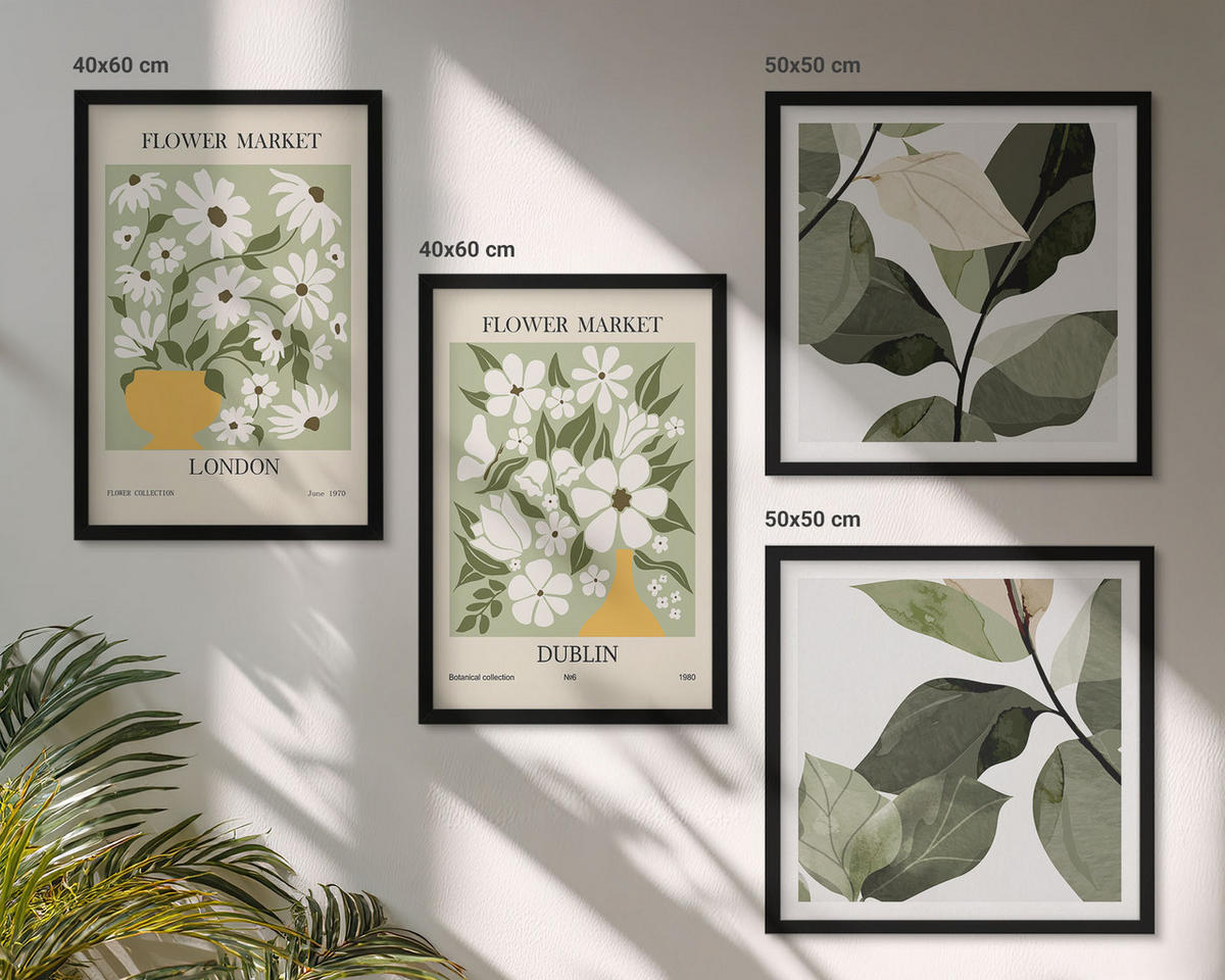BILDER SET 4er Set - 50x50 cm & 40x60 cm Schwarzer Rahmen - Blumenmuster London Dublin - Schwarz, Kunststoff (50/50cm) - TULUP