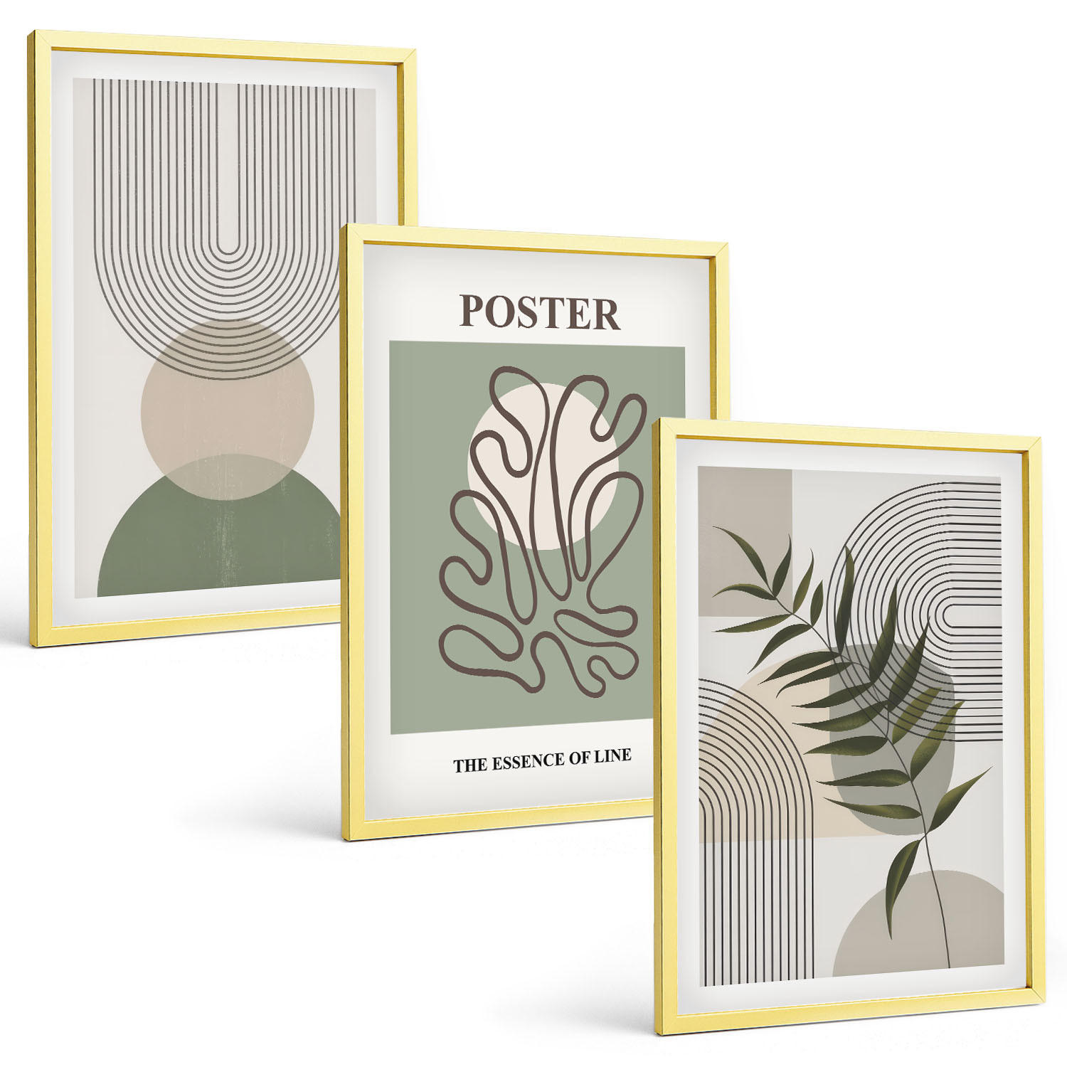 BILDER SET 3er Set - 40x60 cm Goldrahmen - Geometrische botanische Muster - Goldfarben, Kunststoff (40/60cm) - TULUP