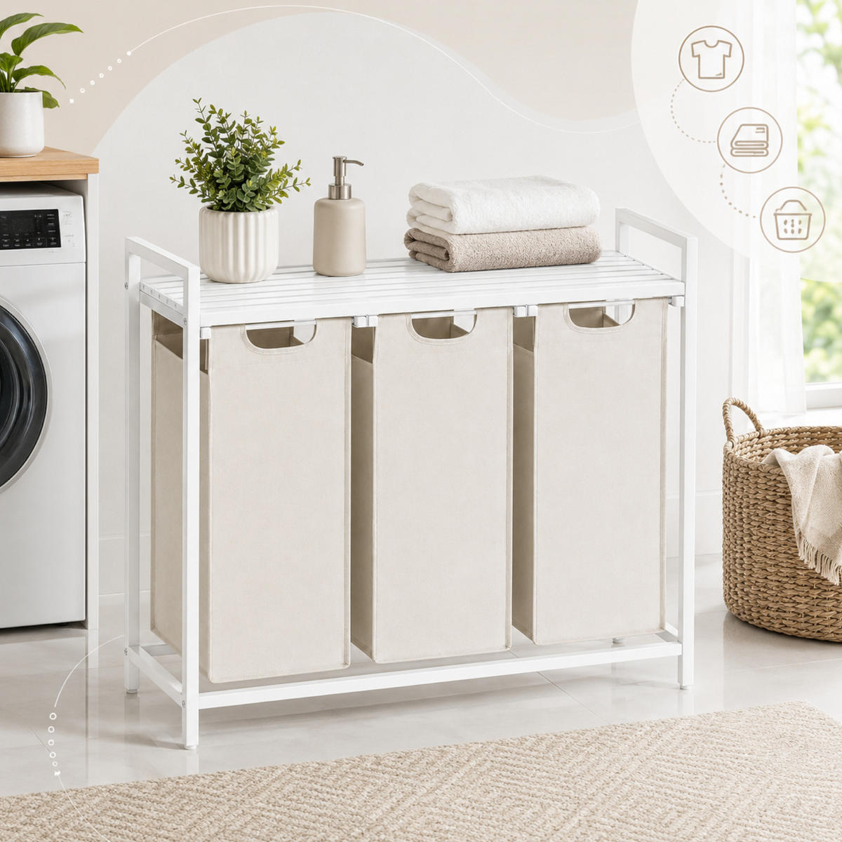 WÄSCHEKORB Metall Stoff MDF Weiß Beige 3 Wäschesäcke 114l 92,5x33x71 cm - Beige/Weiß, Metall (92.5/71/33cm) - Begryf