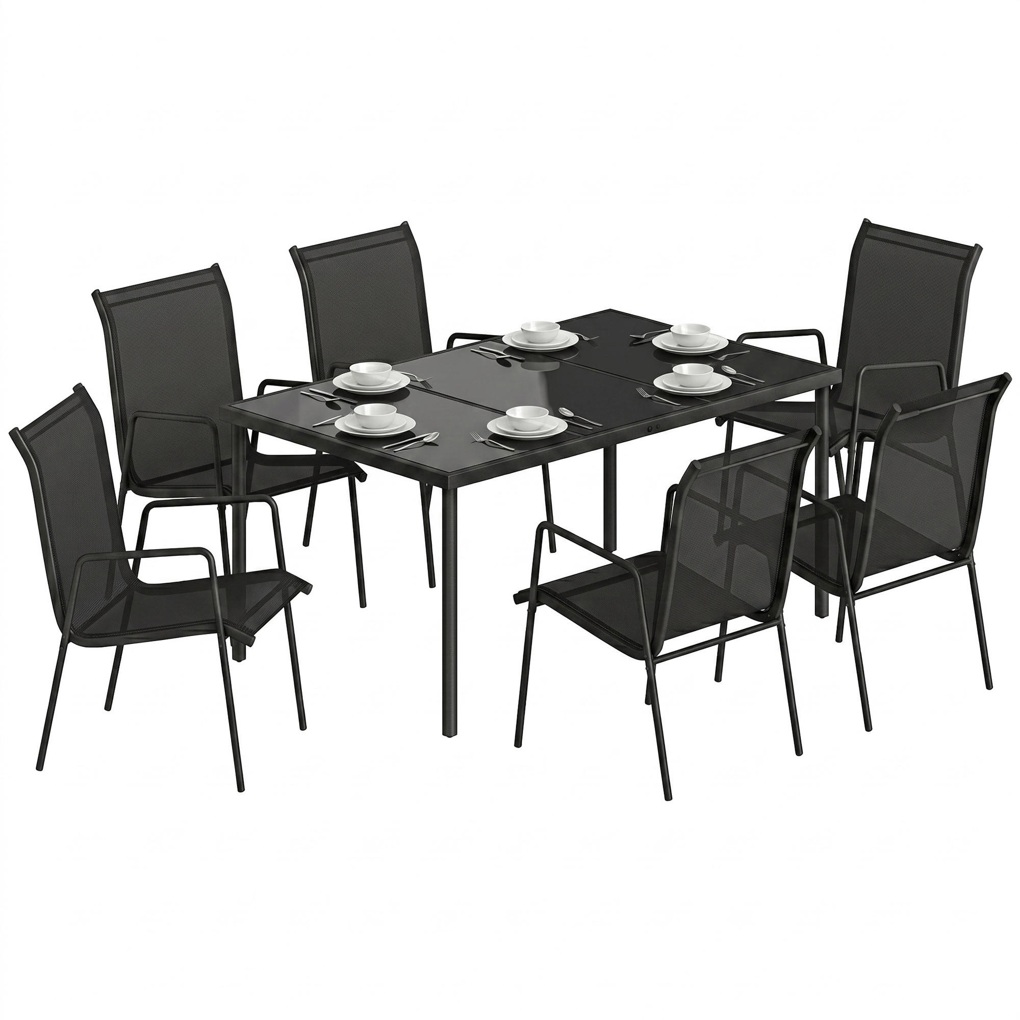 GARTENMÖBELSET 6-teilig,Tisch+stapelbare Textilene-Stühle,schwarz - Schwarz, Metall - Vallsero