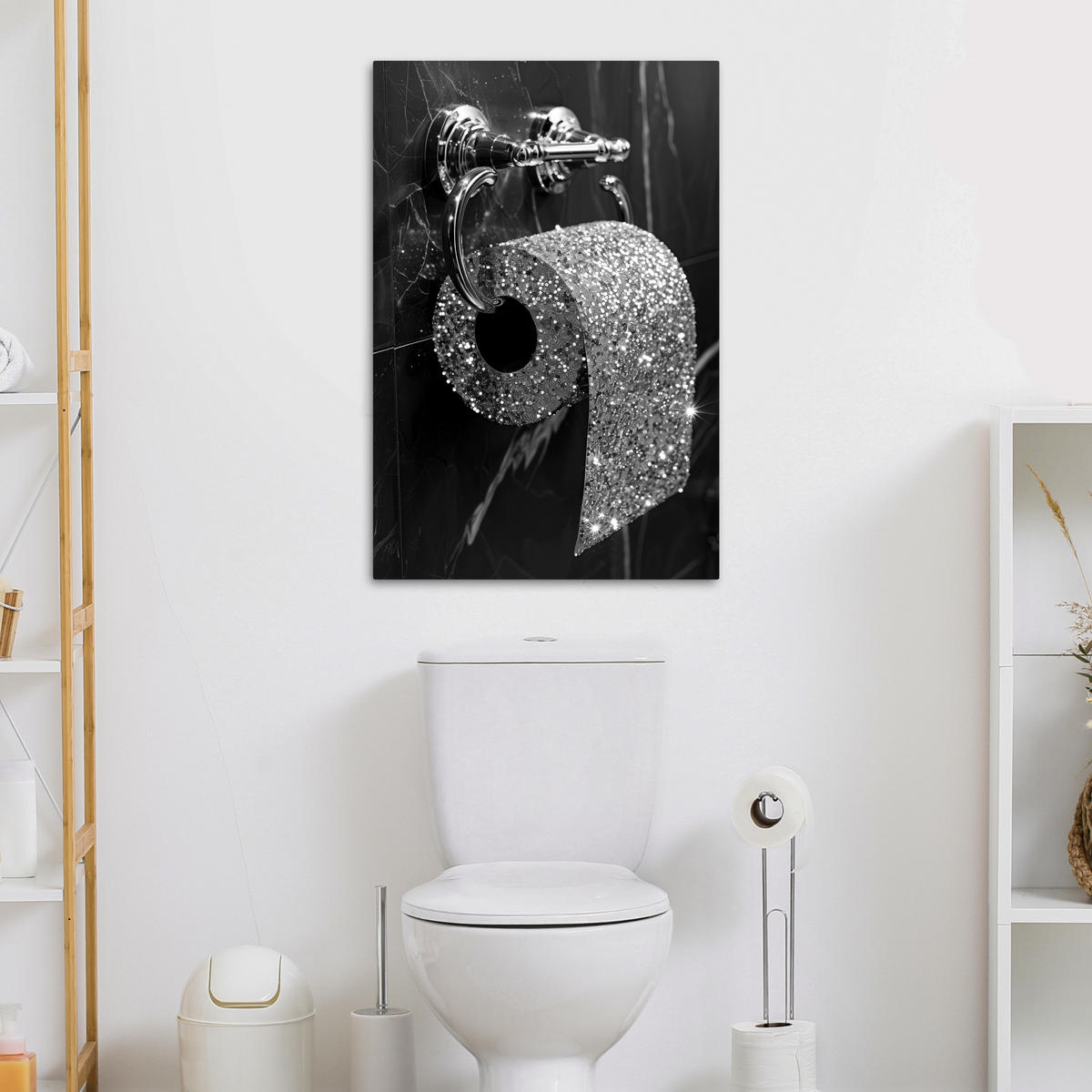 LEINWANDBILD WC - Toilettenpapier - Schwarz und weiß - Glitter 60x90 cm - Silberfarben, Textil (60/90cm) - MuchoWow