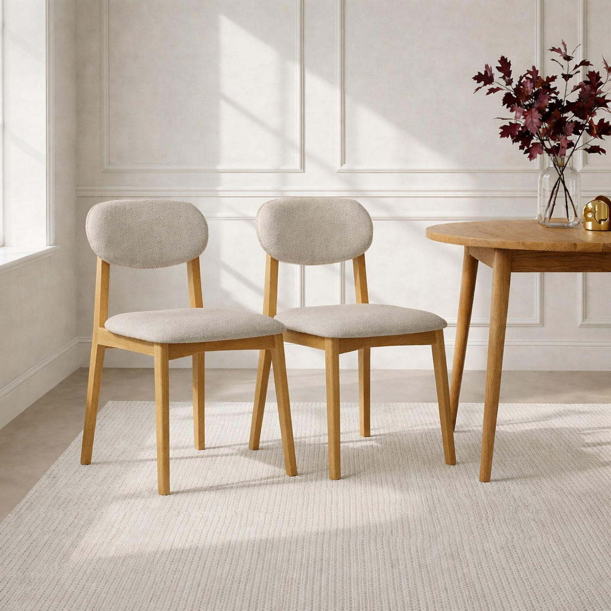 ESSZIMMERSTUHL Theo 2er Set, Natur Eiche + beiger Stoff - Beige, Holz (48.5/79/53.2cm) - WOODEK