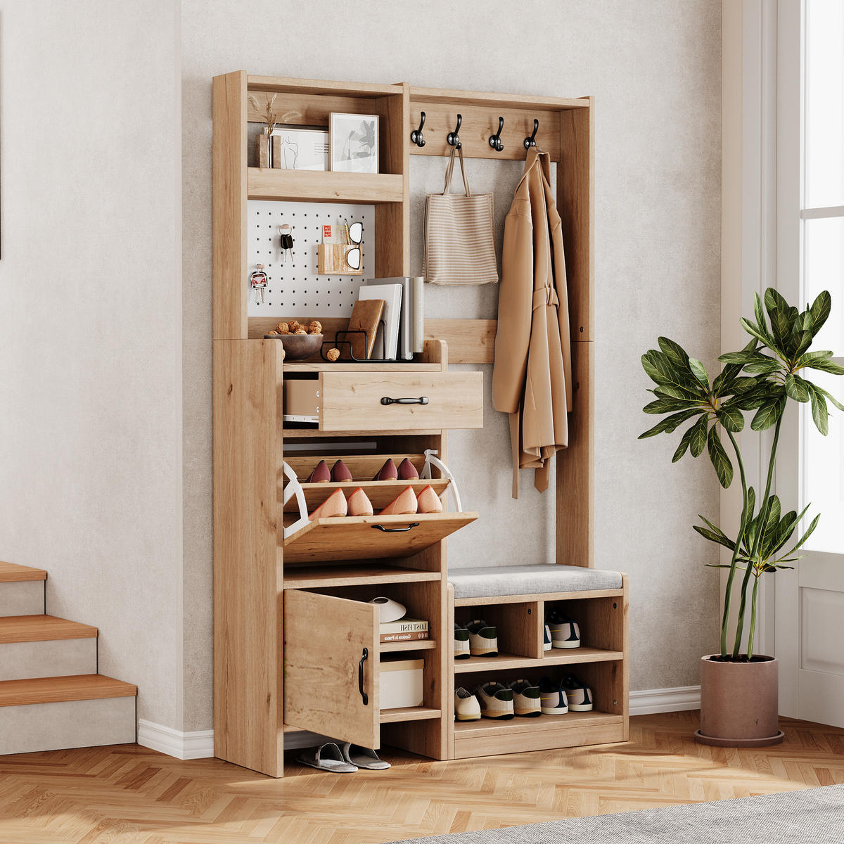 GARDEROBENSET Wand mit Schuhbank 4 Haken Natural 108.5x35x180cm - Multicolor, Holzwerkstoff (35/180/108.5cm) - FLIEKS
