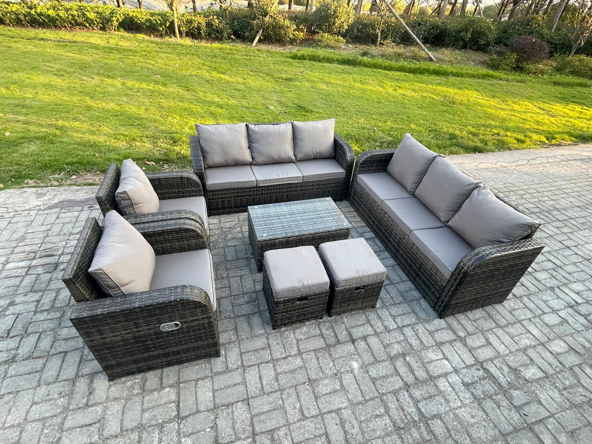 GARTENMÖBEL-SET mit Kissen Polyrattan Dunkelgrau 10-Sitzer - Dunkelgrau/Grau, Glas/Kunststoff - Fimous