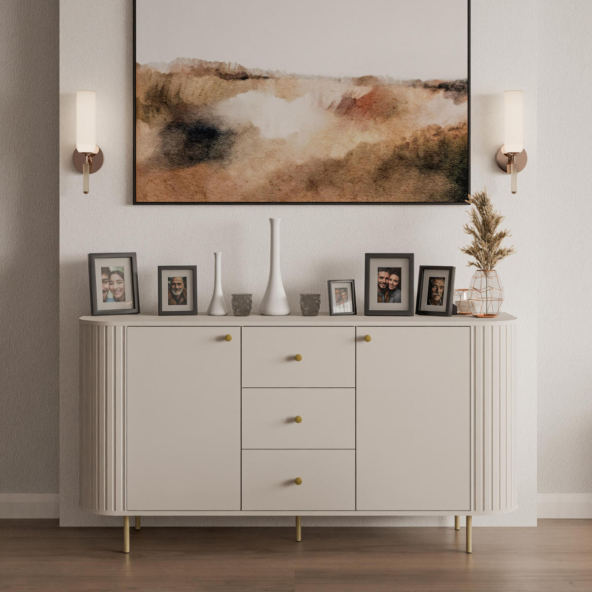SIDEBOARD Halay Beige, 2 Türen & 3 Schubladen Moderne Rillenstruktur 164,6 cm - Beige/Goldfarben, Holzwerkstoff/Metall (164.6/85.4/42.3cm) - AX Living