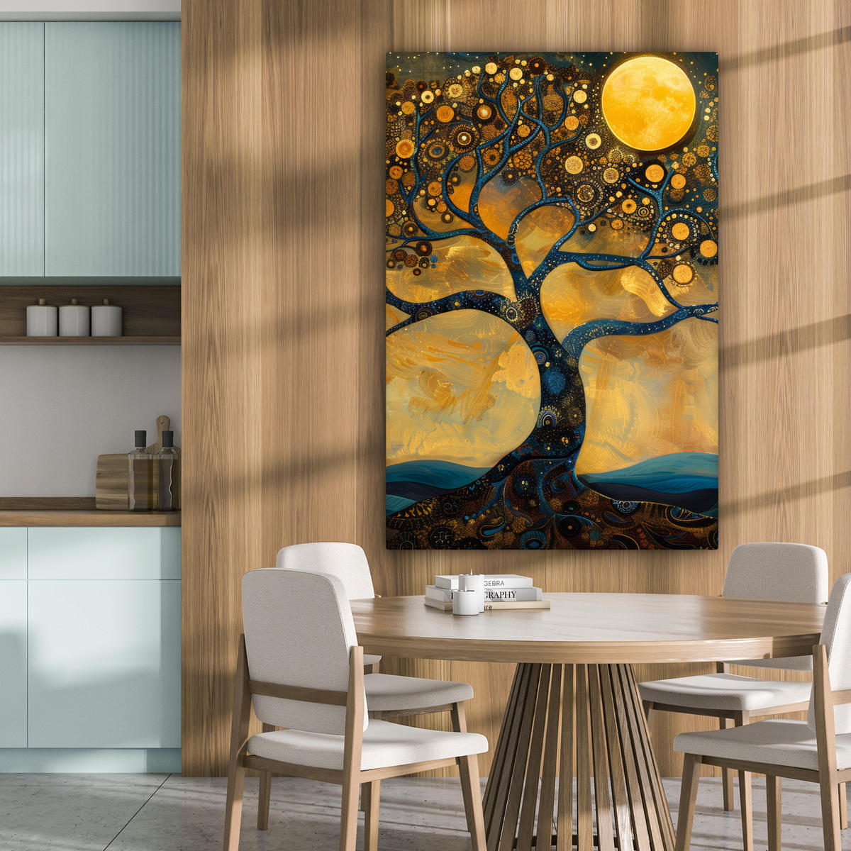 LEINWANDBILD Baum - Mond - Blumen - Gold - Kunst 80x120 cm - Orange, Textil (80/120cm) - MuchoWow
