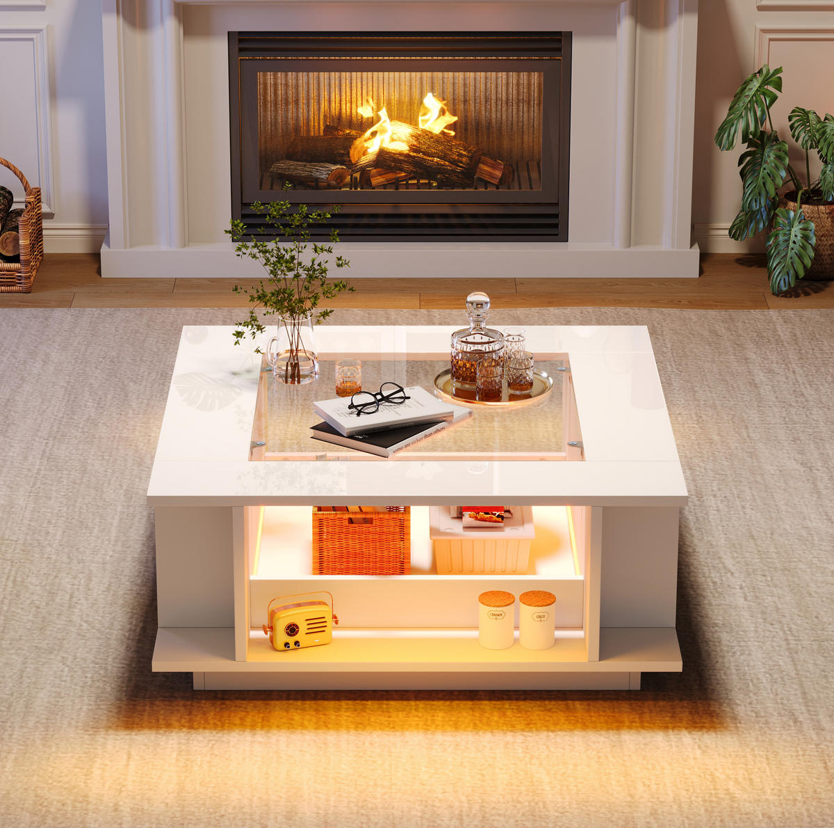 COUCHTISCH 70/70/30 cm weiß aus Spanplatte mit Glasplatte und LED - Weiß, Holzwerkstoff (70/70/30cm) - OKWISH