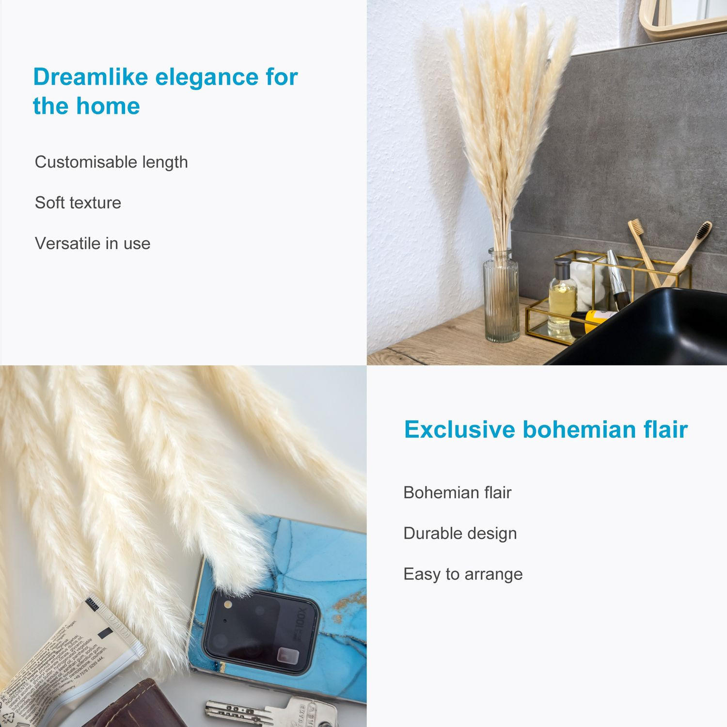 PAMPASGRAS Trockenblumen 30 Stück - Weiß, Naturmaterialien (5cm) - Intirilife