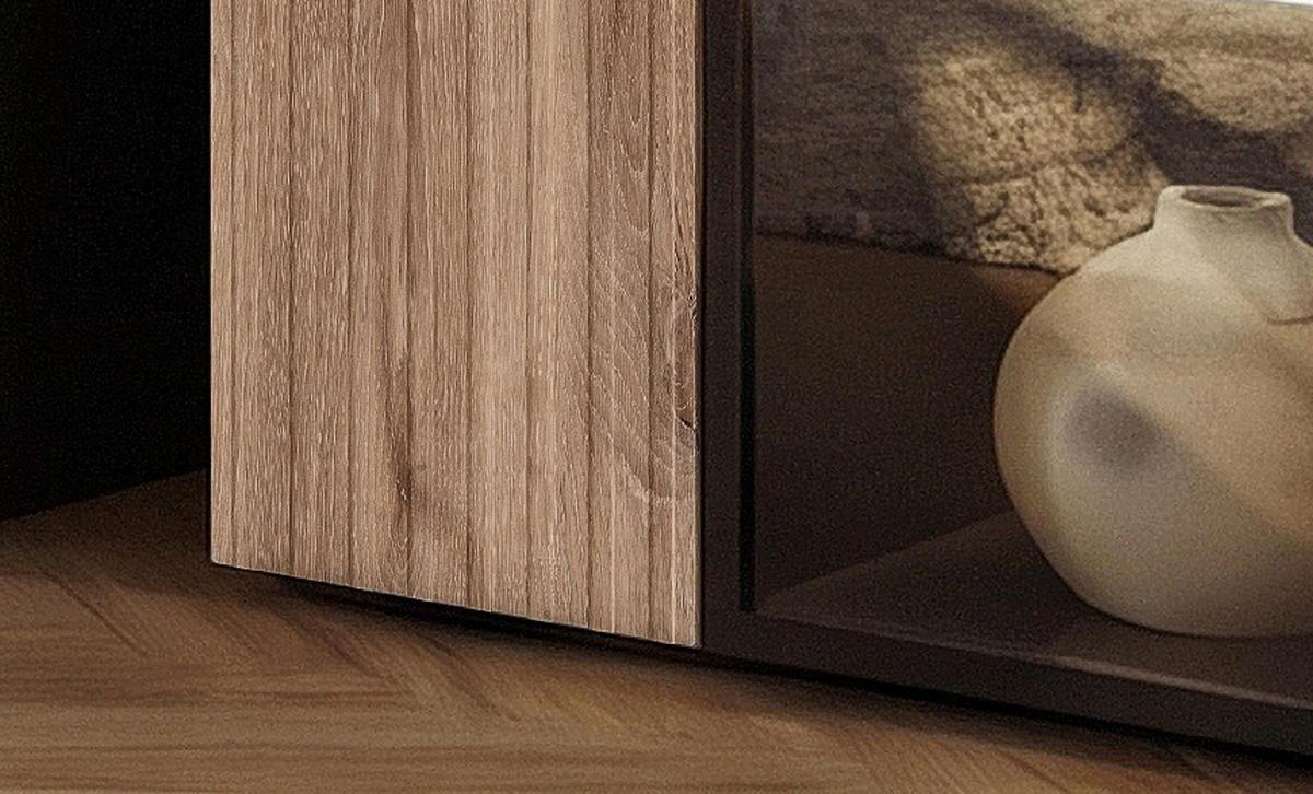 VITRINE schwarz, Vicking Eiche und Marmor schwarz 60 x 122 cm, Vitrinenschrank inklusive LED-Beleuchtung - Eichefarben/Schwarz, Glas/Holzwerkstoff (60/122/37cm) - Inn.Furn