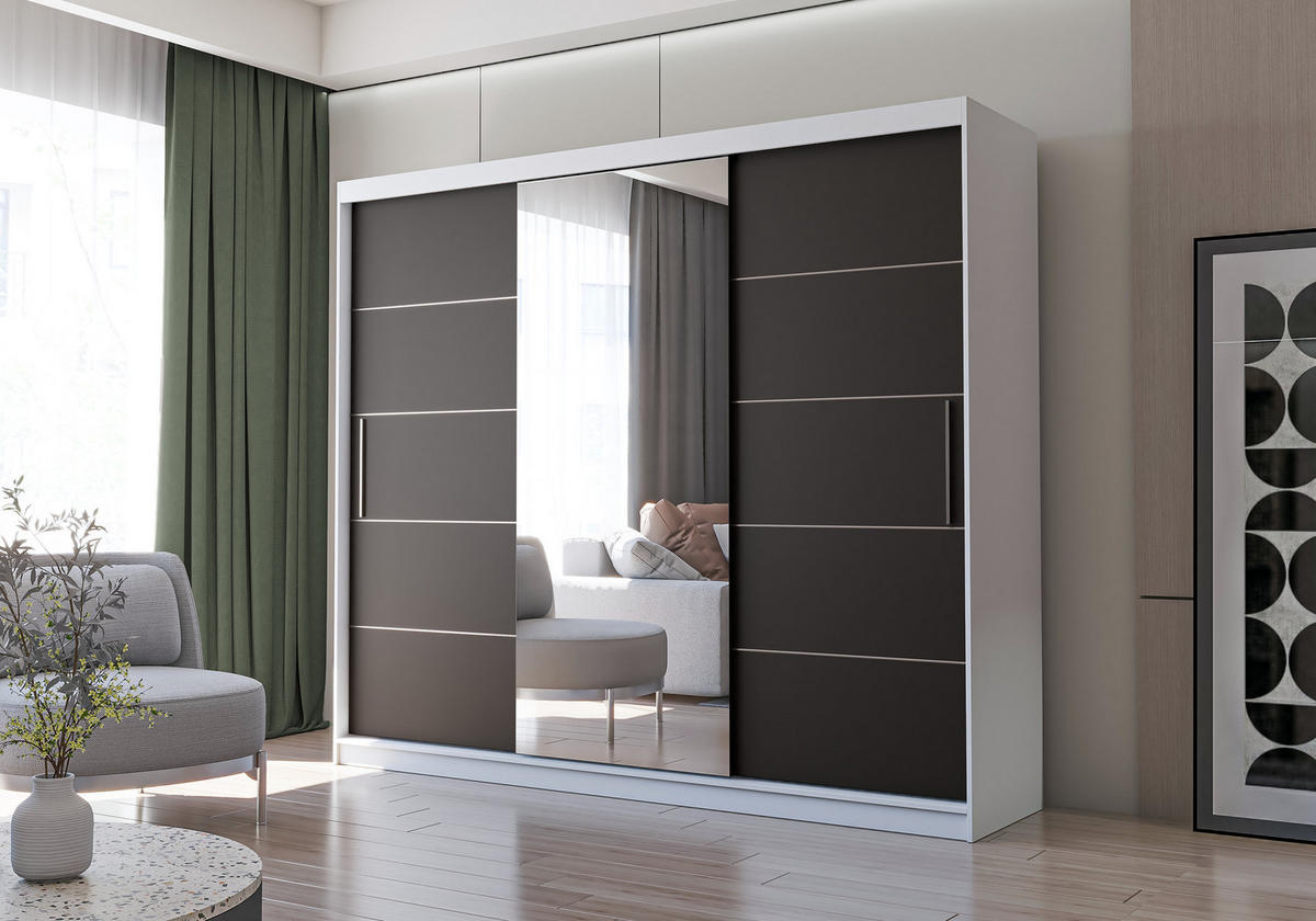 SCHWEBETÜRENSCHRANK ALBA Weiß, Schwarz + Spiegel, ohne LED Beleuchtung 250 cm - Schwarz/Alufarben, Glas/Holzwerkstoff (250/218/61cm) - imoebel24