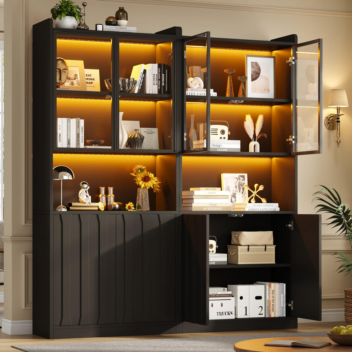 VITRINE 2er-Set 160x35x200 cm Schwarz LED Glastüren - Schwarz, Holzwerkstoff (160/200/35cm) - FLIEKS