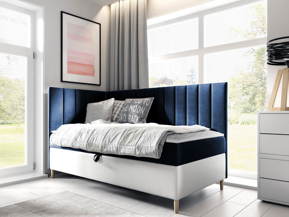 BOXBETT Maja Junior 3, Seite zum Öffnen des Bettkastens: Links - Blau/Weiß, Holz (80/200cm) - MIRJAN24