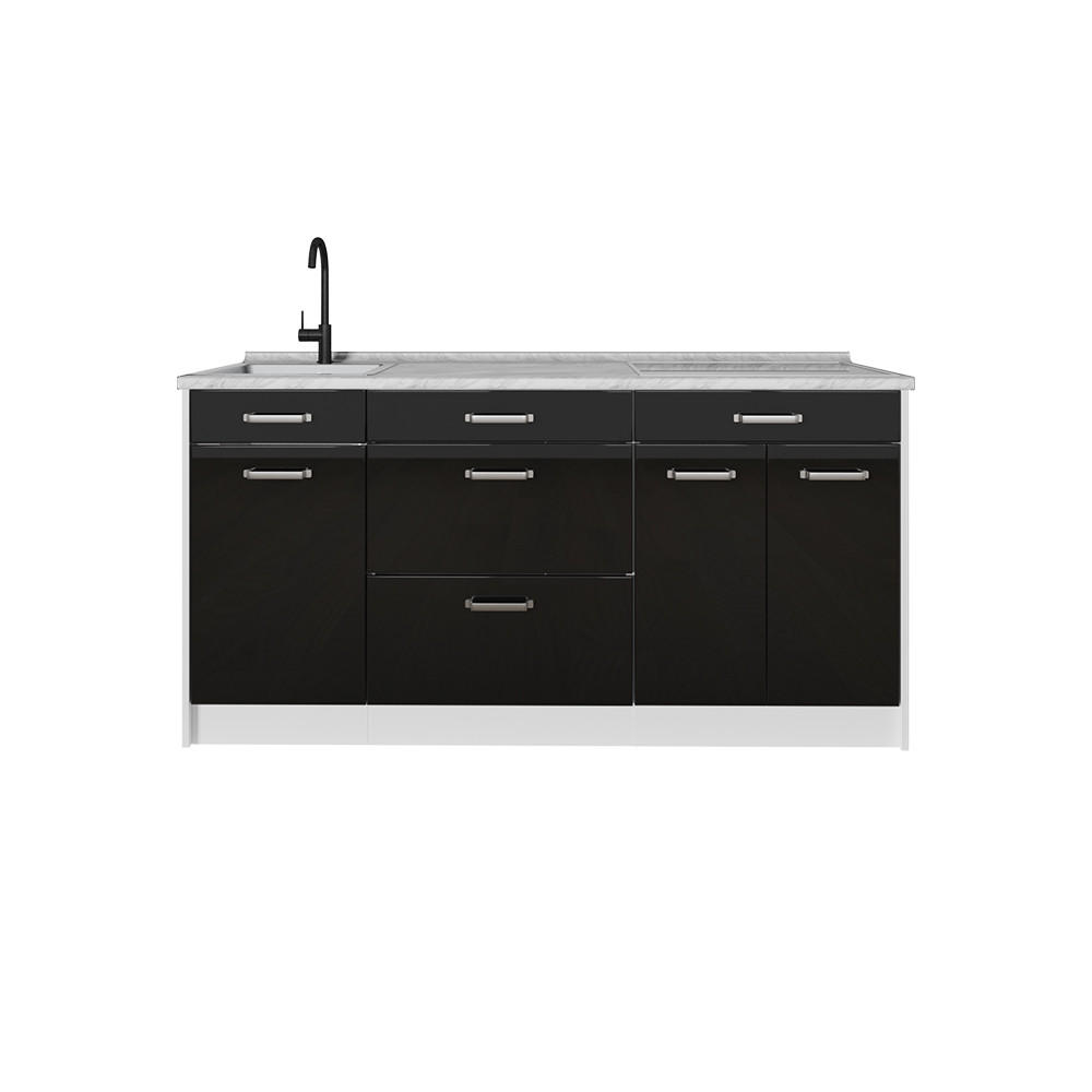 KÜCHENBLOCK R-Line, Schwarz Hochglanz/Weiß, 160 cm ohne Arbeitsplatte - Schwarz Hochglanz/Weiß, Holzwerkstoff (160/81.6/46cm) - Vicco