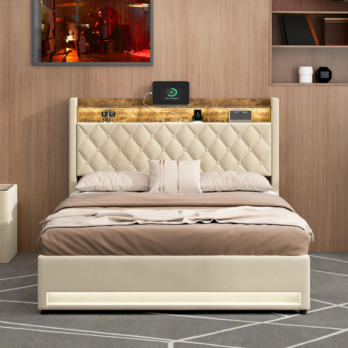 POLSTERBETT 160/200 cm Beige mit LED-Lichtleiste und USB-Anschlüssen - Beige, Holzwerkstoff (160/200cm) - OKWISH