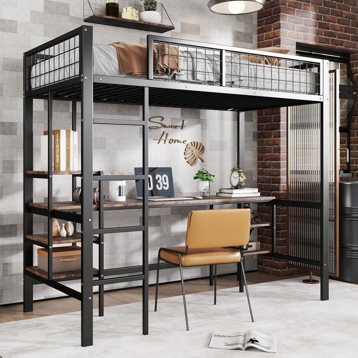 ETAGENBETT aus Metall und Spanplatte 90x200 cm Schwarz mit Schreibtisch, Regalen und 4-stufiger Leiter - Schwarz, Metall (90/200cm) - Modfu