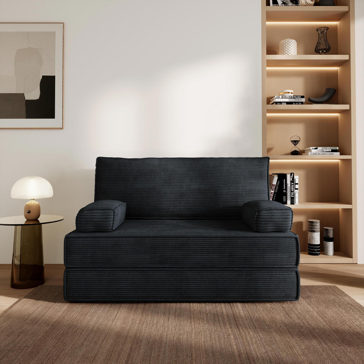 POHOVKA z pěny LADIA s funkcí spaní Manšestrová látka Černá - černá, textil (140/86/60cm) - MASSENO