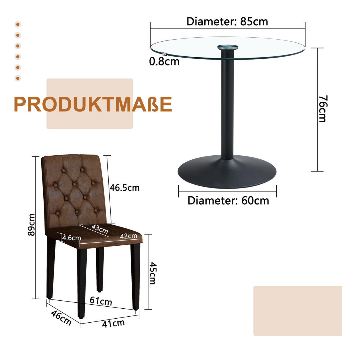 ESSGRUPPE DE-39482 5-teilig, Glastisch und 4 Stühlen mit Rautensteppung Braun - Braun, Metall (85/75/85cm) - ComfortXL