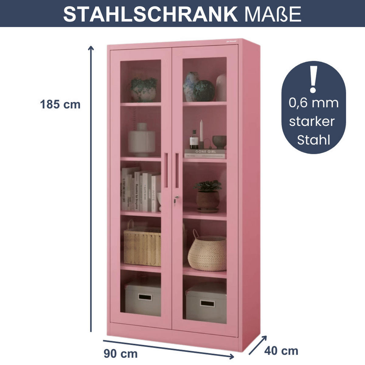 VITRINENSCHRANK abschließbar ELLO mit Glastüren 185x90x40cm Rosa - Rosa, Metall (90/185/40cm) - DELUKE