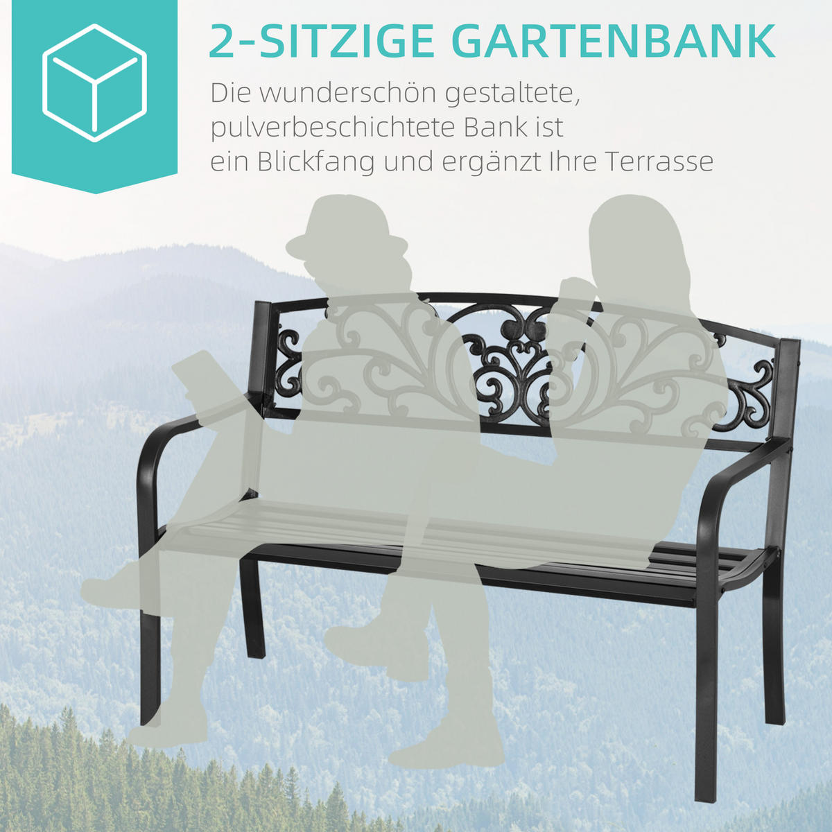 WETTERFESTE SITZBANK, bis 250 kg Belastbar, 127cm x 60cm x 87cm, Metall, Schwarz - Schwarz, Metall (127/87/60cm) - Outsunny