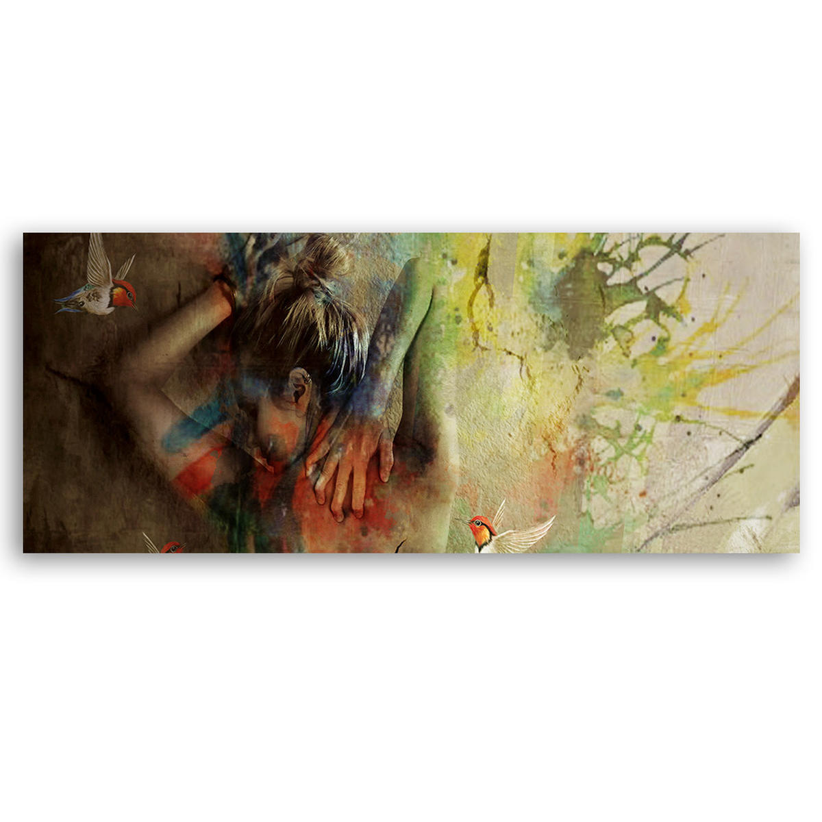 WANDBILD frau und kolibris - Multicolor, Textil (90/30cm) - Feeby