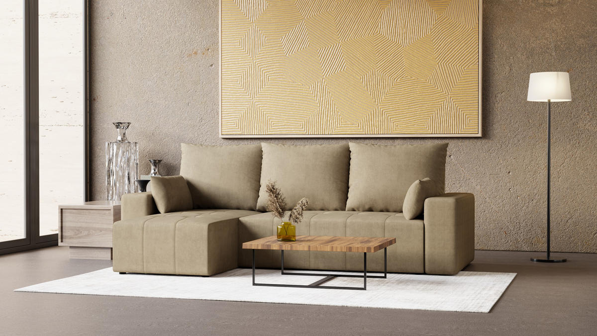 ECKSOFA Tico mit Bettkasten und Schlaffunktion, L-Form/XL-Form, Velourstoff, Universal - Cappuccino, Holzwerkstoff (246/145cm) - 4ALL HOME