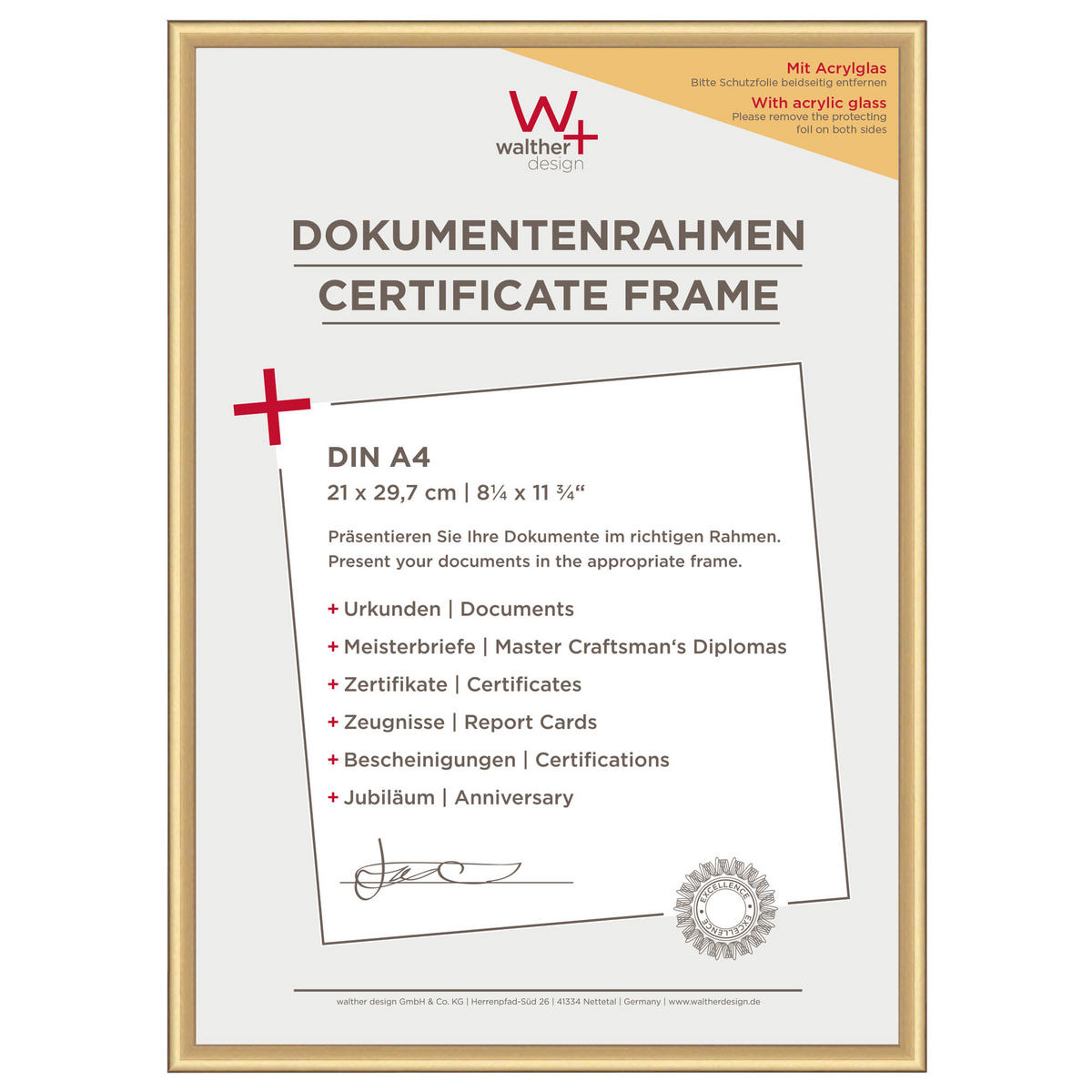 BILDERRAHMEN New Lifestyle Kst.Rahmen Kunstglas 21X29,7 cm, Gold - Goldfarben, Kunststoff (22.2/31/1.4cm) - walther design