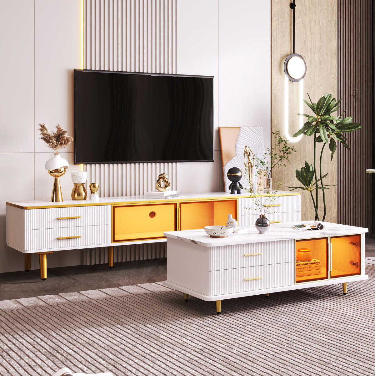 TV-LOWBOARD aus Spanplatte 170x37x47,5 cm Weiß in Marmoroptik mit LED-Beleuchtung, 4 Schubladen und 2 Glastüren - Weiß, Holzwerkstoff (170/47.5/37cm) - Modfu